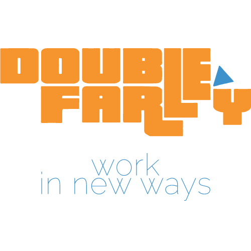 Double Farley Logo of the words DOUBLE and FARLEY shown in orange and interwoven around the LE of DOUBLE and RLY or FARLEY are above a strap-line of 'work in new ways' written in thin blue text. The logo has an identical blue triangle on the right pointing towards the interwoven part. CC BY NC 2.0